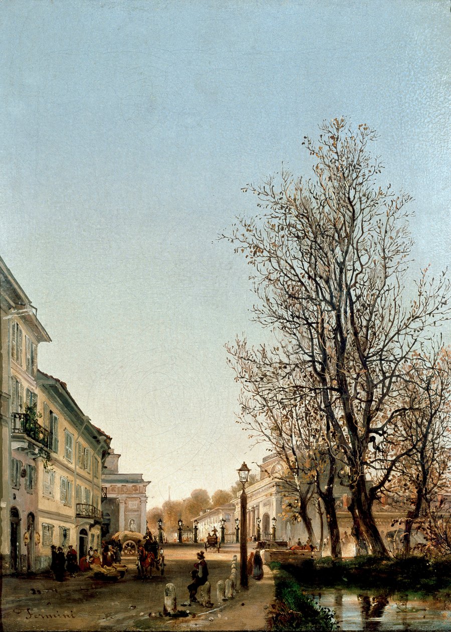 Näkymä Porta Venezian alueelle, Milano (maalaus, n. 1850) tekijältä Ambrogio Fermini
