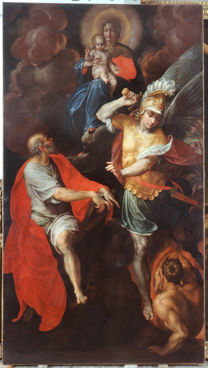 Madonna ja lapsi ja evankelista Johannes ja pyhä Mikael tekijältä Ambrogio Giovanni Figino