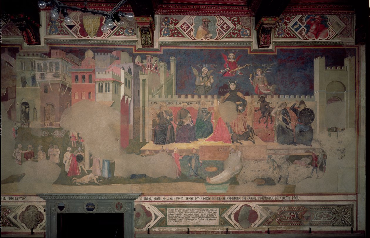 Huonekalut ja erilaiset esineet 1100- ja 1300-luvuilta tekijältä Ambrogio Lorenzetti