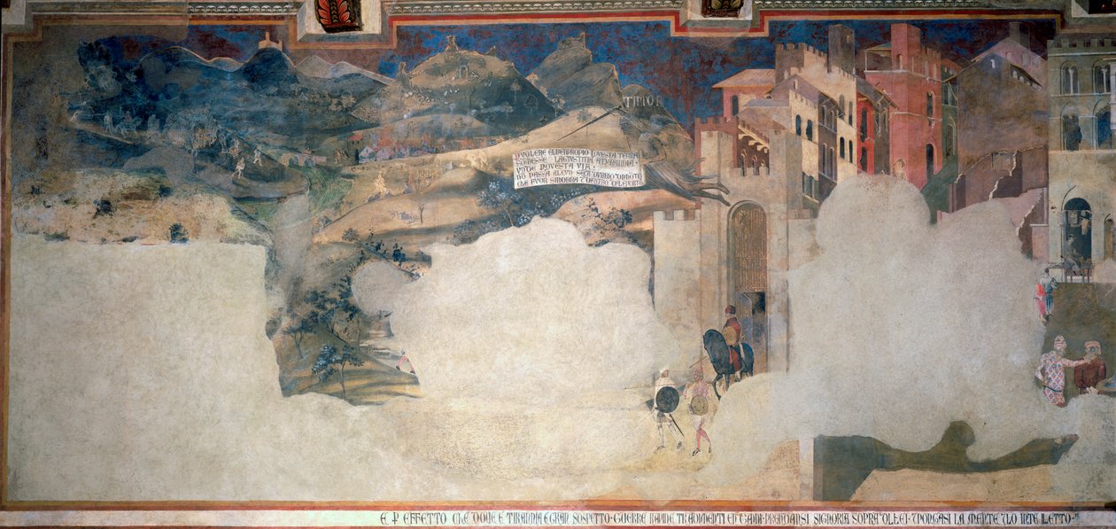 Allegoria huonosta hallituksesta, yksityiskohta Sala della Pacen palatsista Sienassa tekijältä Ambrogio Lorenzetti