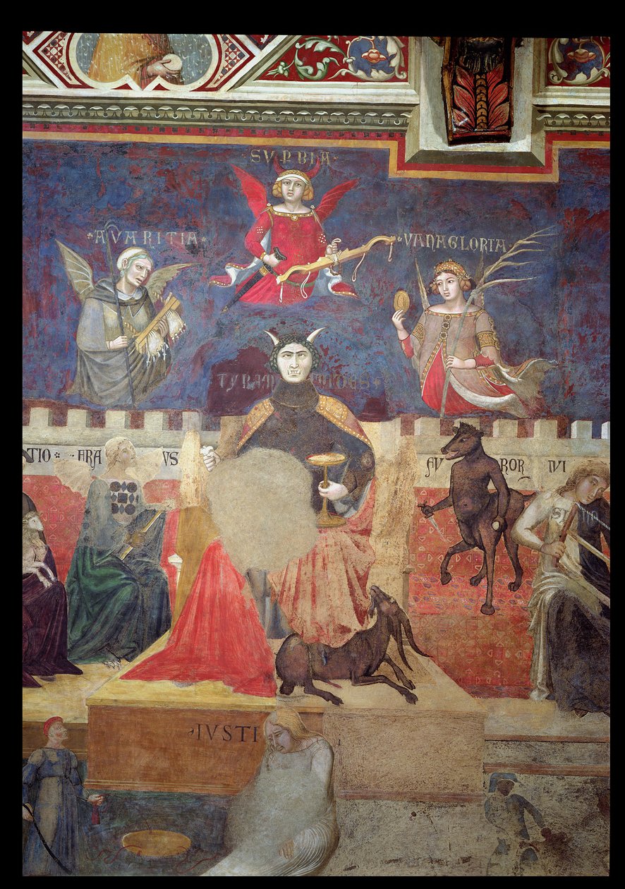 Allegoria huonosta hallinnosta, yksityiskohta ahneudesta, ylpeydestä, turhamaisuudesta, tyranniasta, petoksesta ja vihasta, 1338-40 tekijältä Ambrogio Lorenzetti