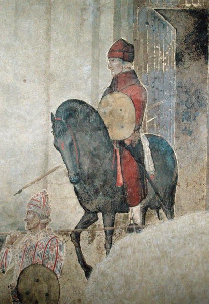 Allegoria huonosta hallituksesta, yksityiskohta aseistetusta ratsumiehestä. tekijältä Ambrogio Lorenzetti