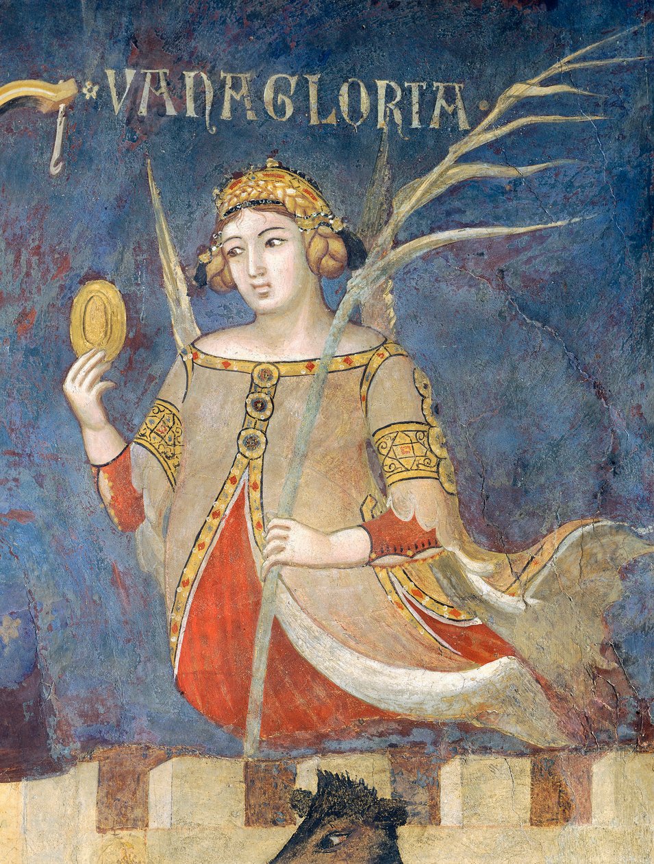 Allegoria huonosta hallinnosta, turhamaisuus, yksityiskohta Allegoriasta ja hyvän ja huonon hallituksen vaikutukset kaupungissa ja maalla tekijältä Ambrogio Lorenzetti