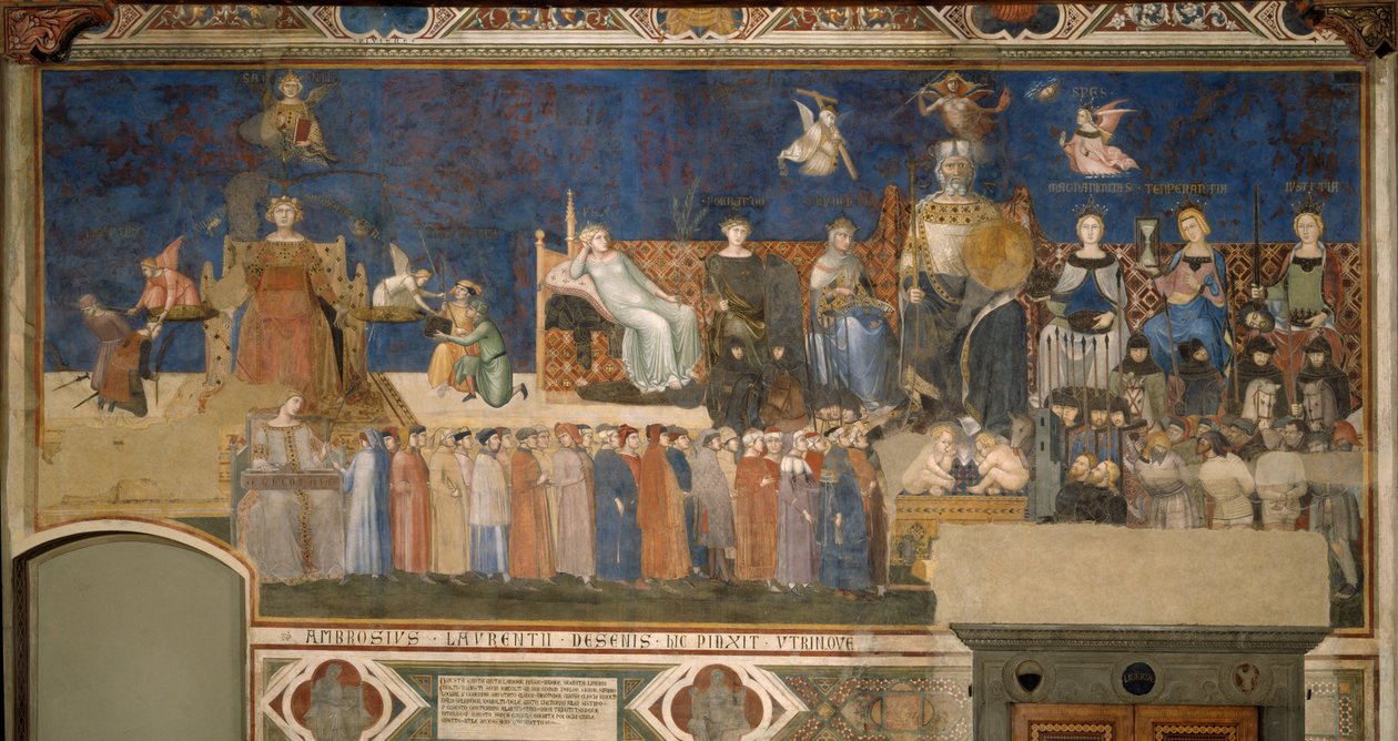 Hyvän hallituksen allegoria Freskojen kierto Hyvän ja huonon hallituksen allegoria, 1338-1339 tekijältä Ambrogio Lorenzetti