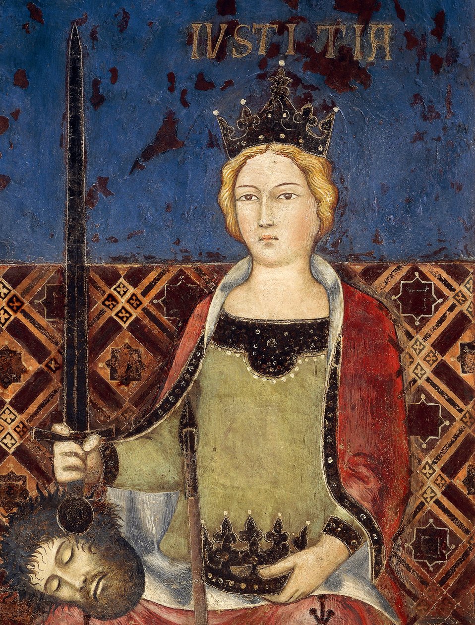 Hyvän hallituksen allegoria, oikeudenmukaisuus, yksityiskohta Allegoriasta ja Hyvän ja huonon hallinnon vaikutukset kaupunkiin ja maaseudulle tekijältä Ambrogio Lorenzetti