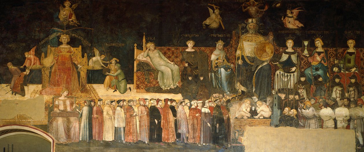 Ambrogio Lorenzetti (toiminut 1285-1348) Ambrogio Lorenzettin (aktiivinen 1285-1348) yksityiskohta Allegoriasta ja hyvän ja huonon hallituksen vaikutukset kaupungissa ja maaseudulla, fresko, Rauhansali, Palazzo Publico, Siena tekijältä Ambrogio Lorenzetti