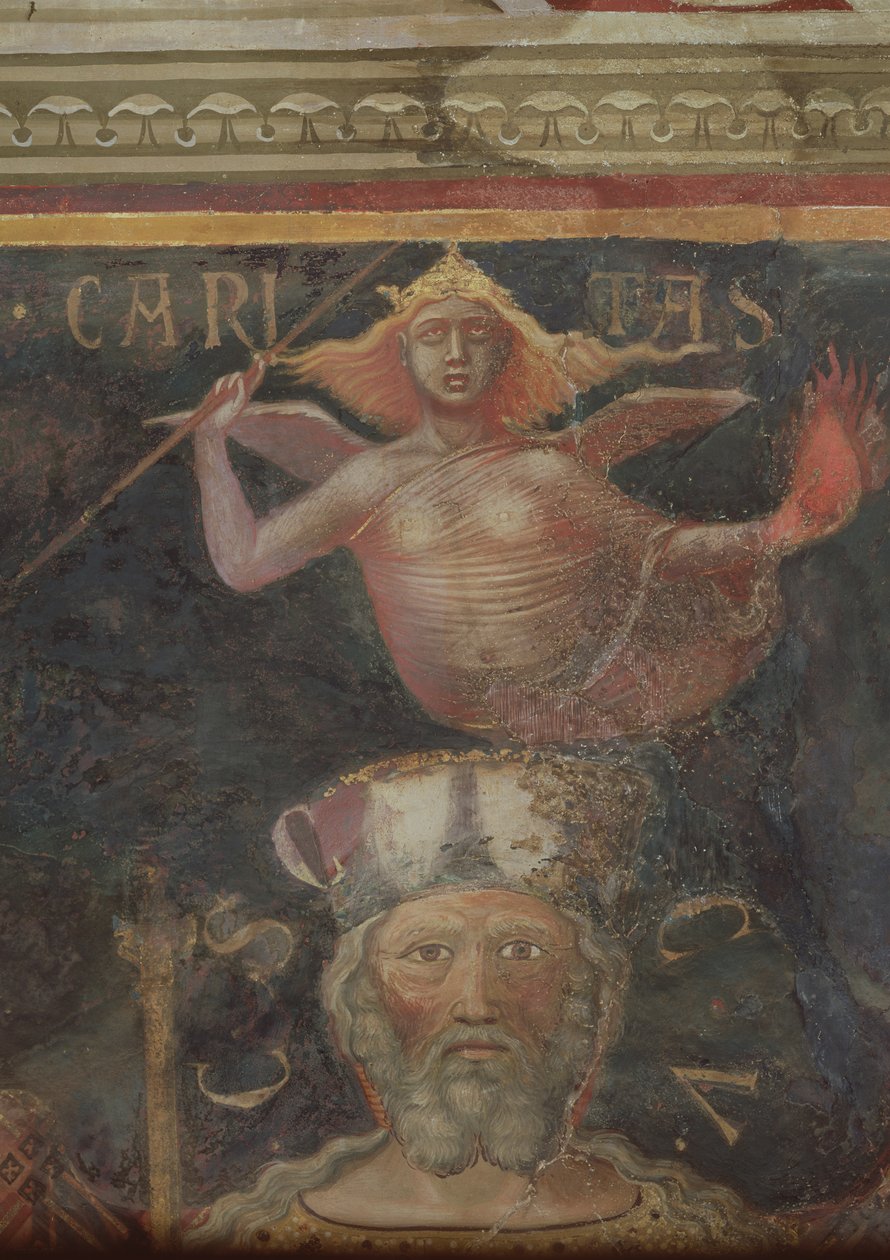 Hyvän hallituksen allegoria, yksityiskohta hyväntekeväisyydestä ja hyvän hallituksen päähenkilöstä, 1338-40. tekijältä Ambrogio Lorenzetti