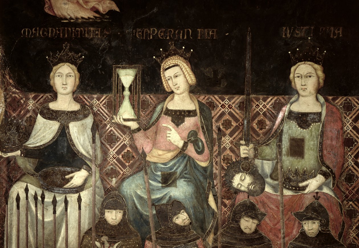 Allegoria hyvästä hallituksesta, oikeudenmukaisuuden, toivon ja suuruuden yksityiskohta, 1338-40. tekijältä Ambrogio Lorenzetti