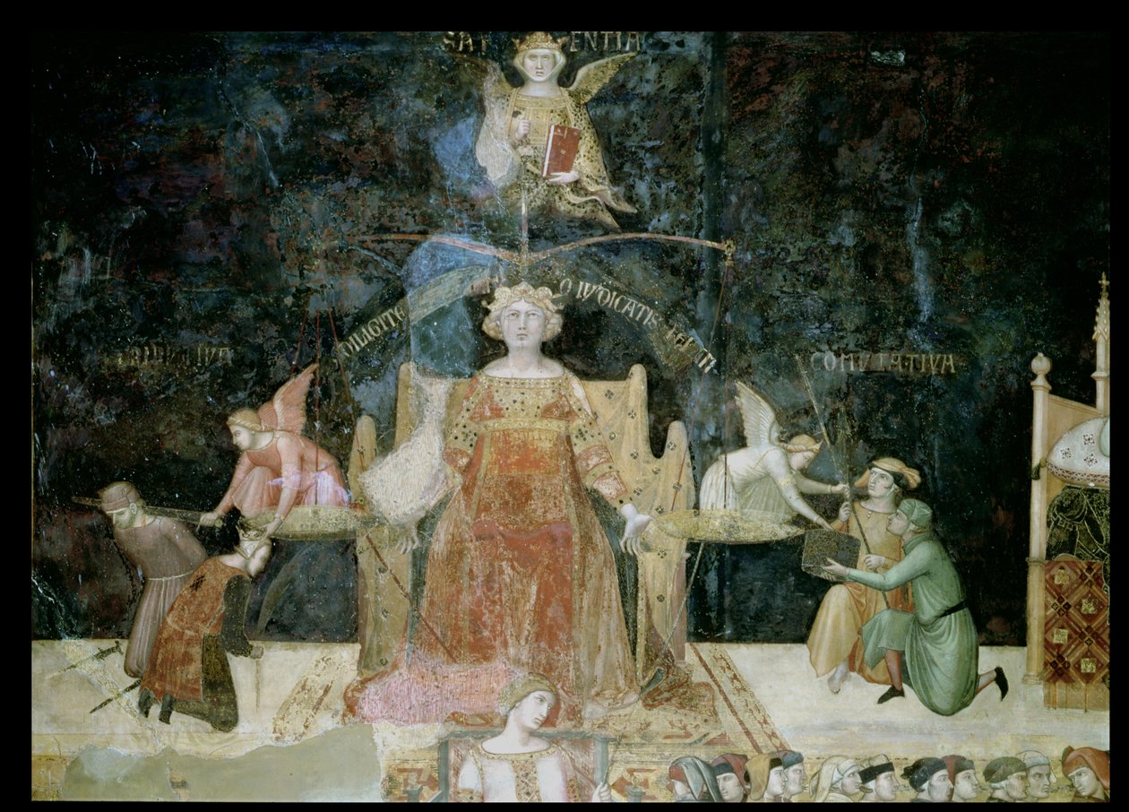Hyvän hallituksen allegoria, viisauden inspiroima yksityiskohta oikeudenmukaisuudesta, 1338-40 tekijältä Ambrogio Lorenzetti