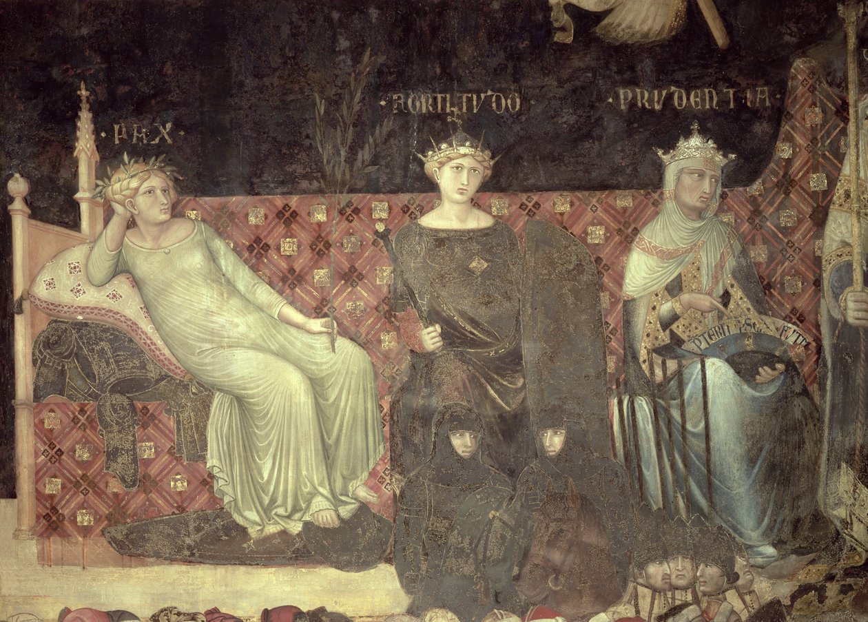 Hyvän hallituksen allegoria, yksityiskohta rauhasta, lujuudesta ja varovaisuudesta, 1338-40 tekijältä Ambrogio Lorenzetti