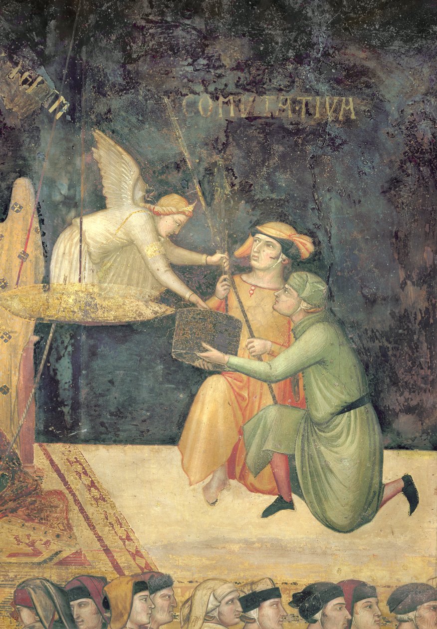Hyvän hallituksen allegoria, yksityiskohta kommutatiivisen oikeuden vaikutuksesta, 1338-40 tekijältä Ambrogio Lorenzetti