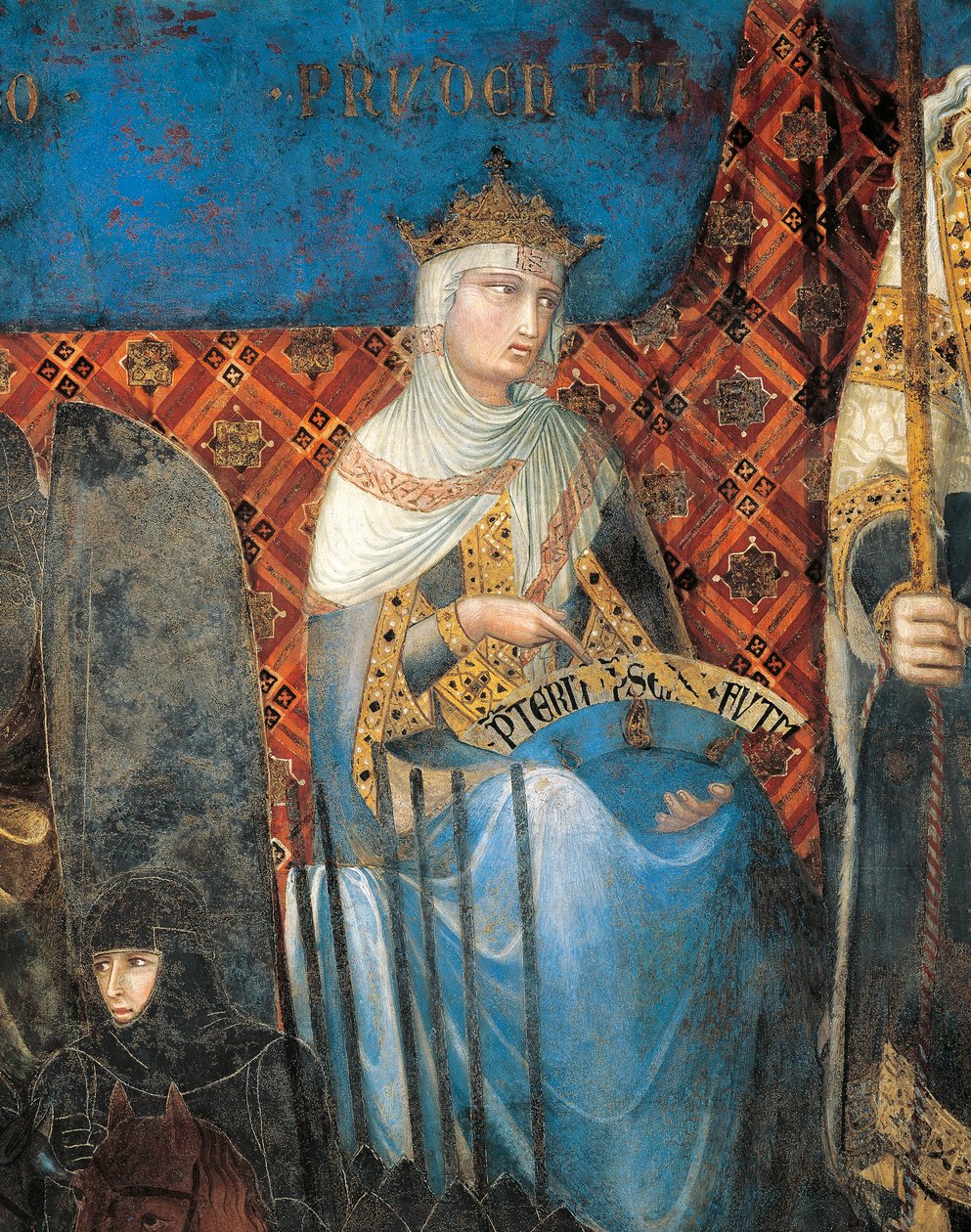 Hyvän hallinnon allegoria, varovaisuus, yksityiskohta Allegoriasta ja hyvän ja huonon hallinnon vaikutukset kaupungissa ja maalla tekijältä Ambrogio Lorenzetti