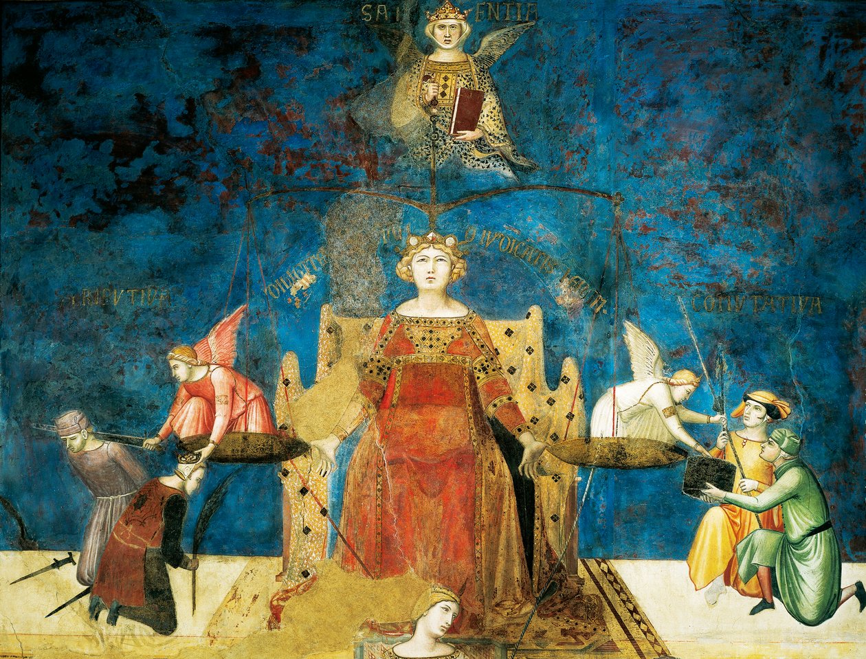 Hyvän hallituksen vertaus, viisaus ja oikeudenmukaisuus, yksityiskohta vertauskuvasta ja hyvän ja huonon hallinnon vaikutukset kaupungissa ja maalla tekijältä Ambrogio Lorenzetti