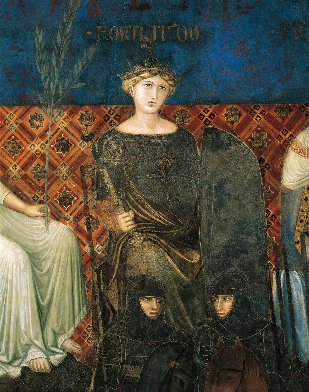 Voiman allegoria, yksityiskohta Allegoriasta ja hyvän ja huonon hallituksen vaikutukset kaupungissa ja maalla tekijältä Ambrogio Lorenzetti