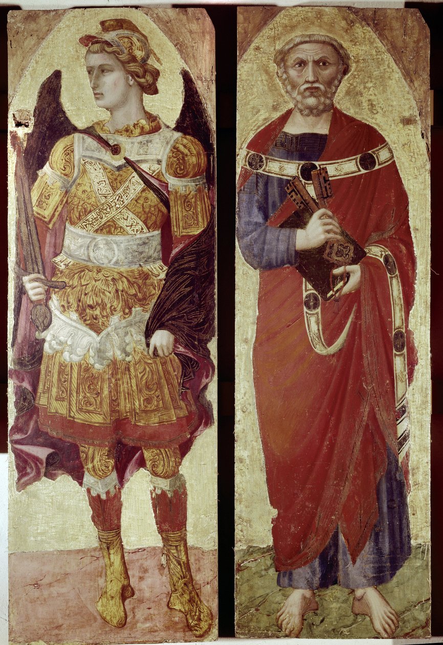 Arkkienkeli Mikael ja pyhä Pietari, polyptiikan yksityiskohta (tempera puulla tekijältä Ambrogio Lorenzetti