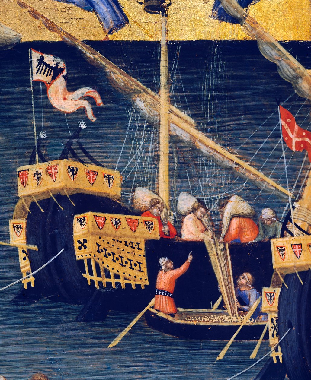 Veneitä, yksityiskohta vehnäihmeestä, Pyhän Nikolauksen Barilaisen ihmeitä tekijältä Ambrogio Lorenzetti