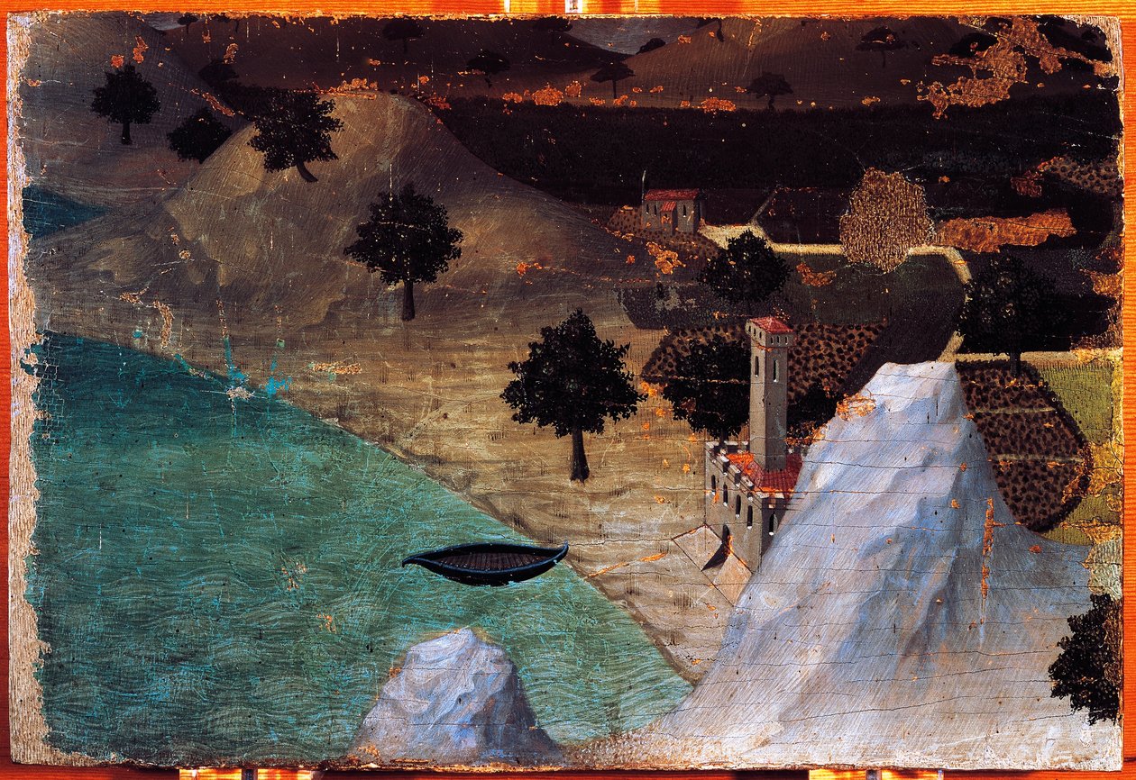 Linna järven rannalla, Ambrogio Lorenzetti (1319-1347), maalaus puulle, 22x33 cm. tekijältä Ambrogio Lorenzetti