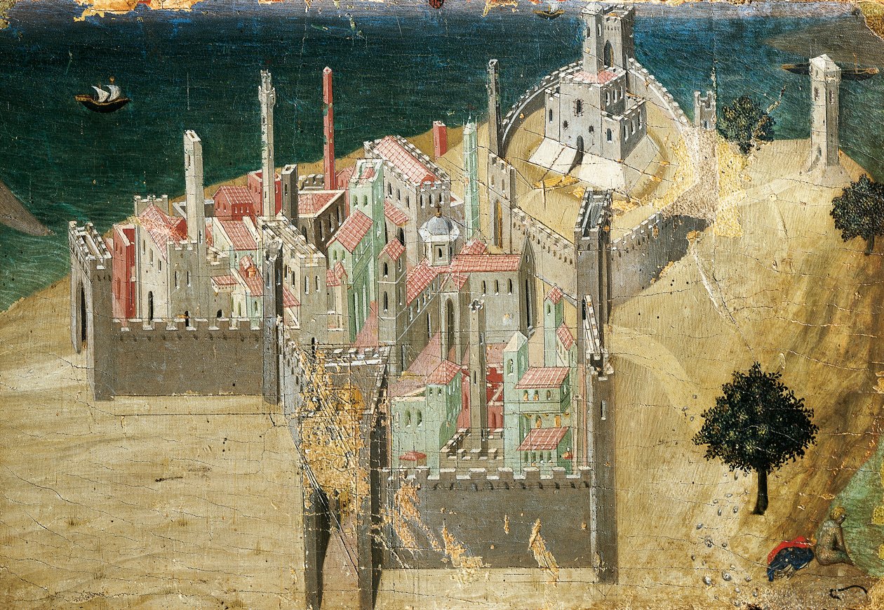 Kaupunki meren rannalla, kirjoittanut Ambrogio Lorenzetti (1290-n. 1348) Tempera ja kulta puulla, 22,5x33,5 cm tekijältä Ambrogio Lorenzetti