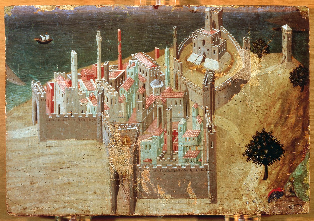 Kaupunki meren rannalla, kirjoittanut Ambrogio Lorenzetti (1285-1348), maalaus puulle, 22x33 cm. tekijältä Ambrogio Lorenzetti