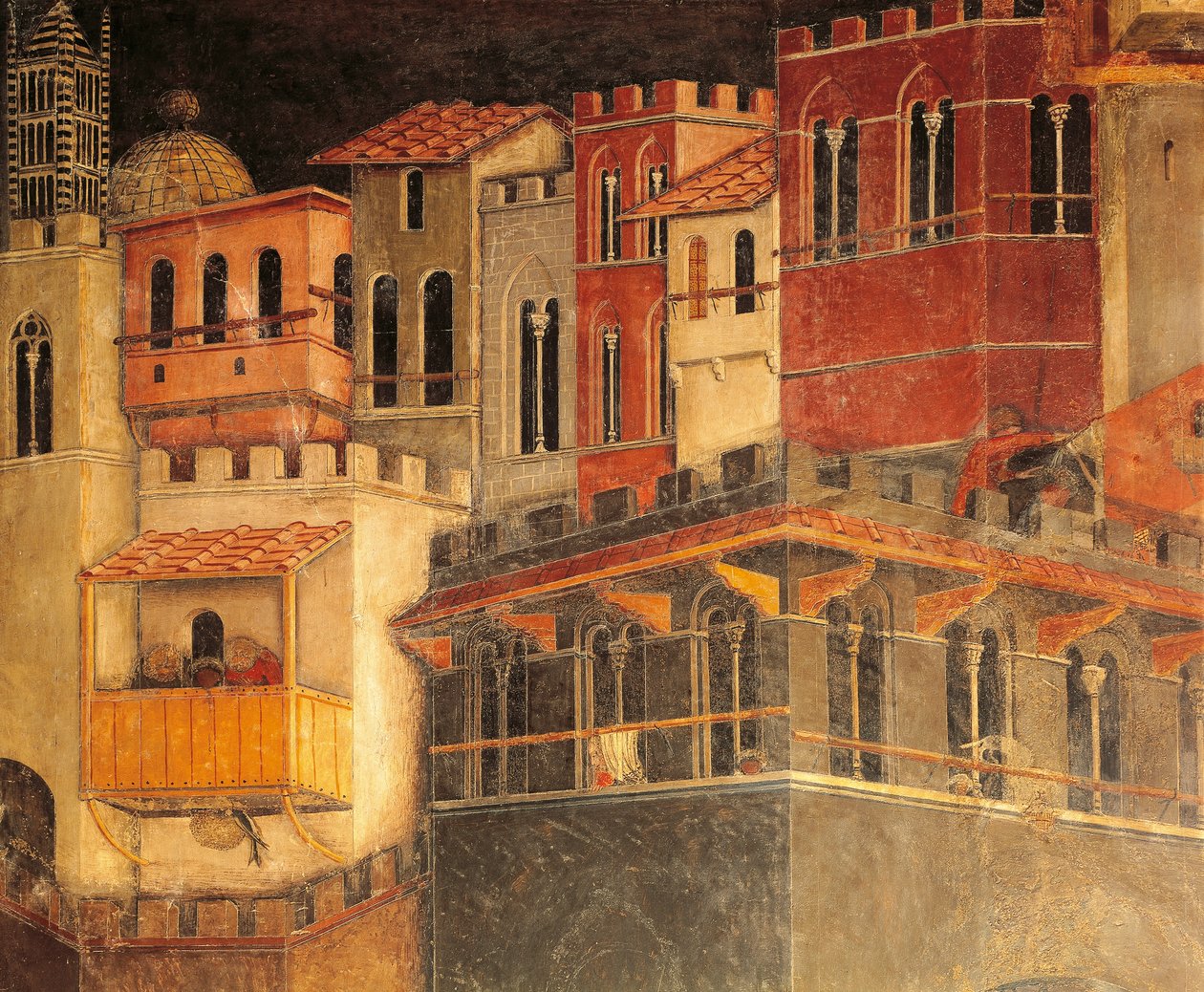 Hyvän hallituksen vaikutukset kaupungissa, talot, yksityiskohta allegoriasta ja hyvän ja huonon hallinnon vaikutukset kaupungissa ja maaseudulla, Ambrogio Lorenzetti (toiminut 1285-1348), fresko, yksityiskohta Hall of Peace, Palazzo Publico, Siena tekijältä Ambrogio Lorenzetti