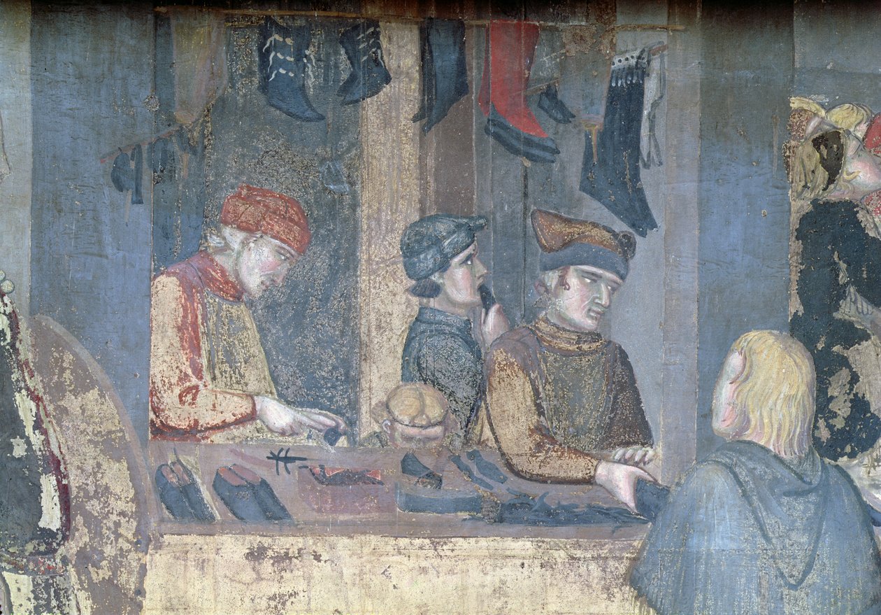Hyvän hallinnon vaikutukset kaupungissa, yksityiskohta kauppiasta ja käsityöläisistä suutarin liikkeessä tekijältä Ambrogio Lorenzetti