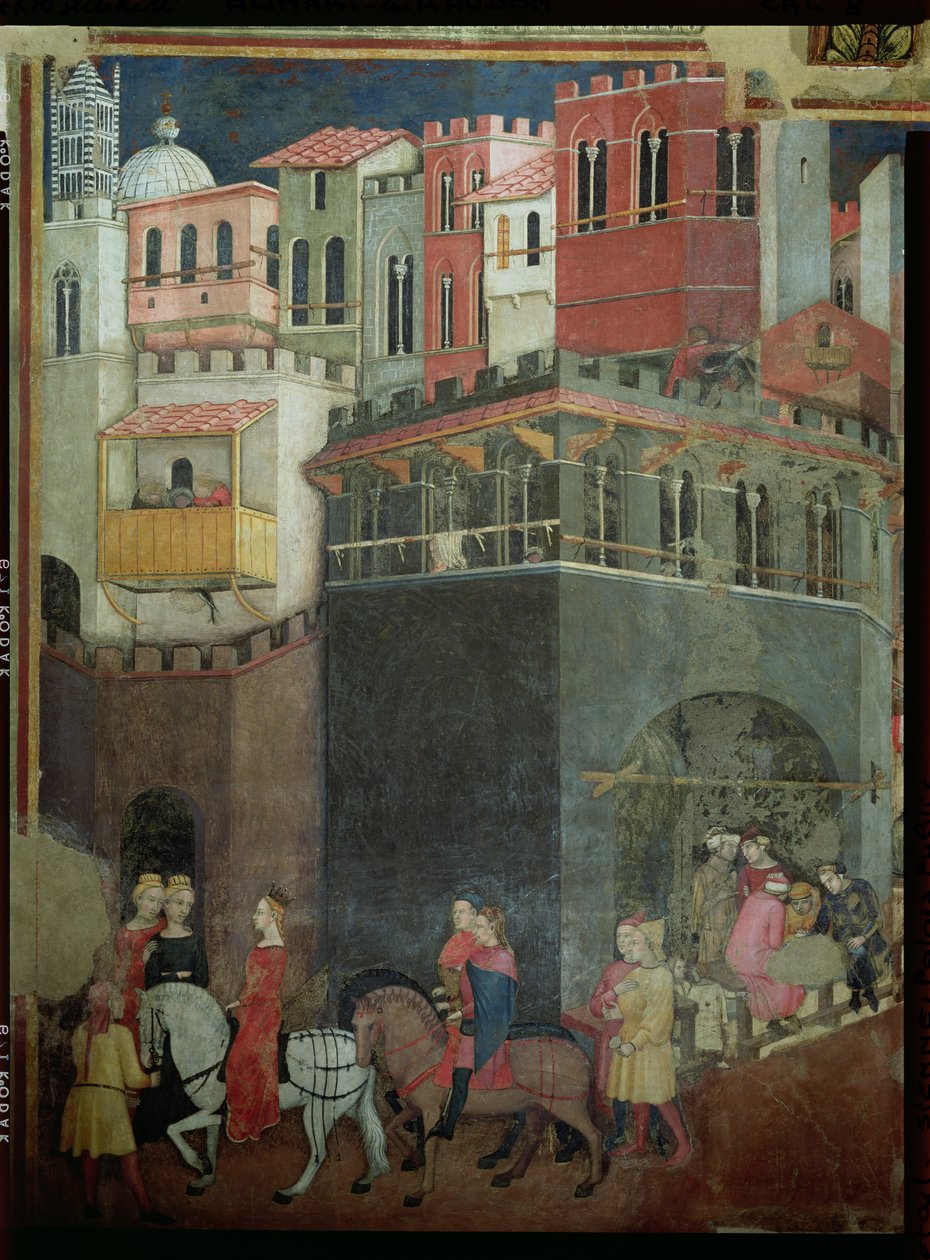 Hyvän hallinnon vaikutukset kaupungissa, arkkitehtuurin ja kansalaisten yksityiskohdat, 1338-40. tekijältä Ambrogio Lorenzetti