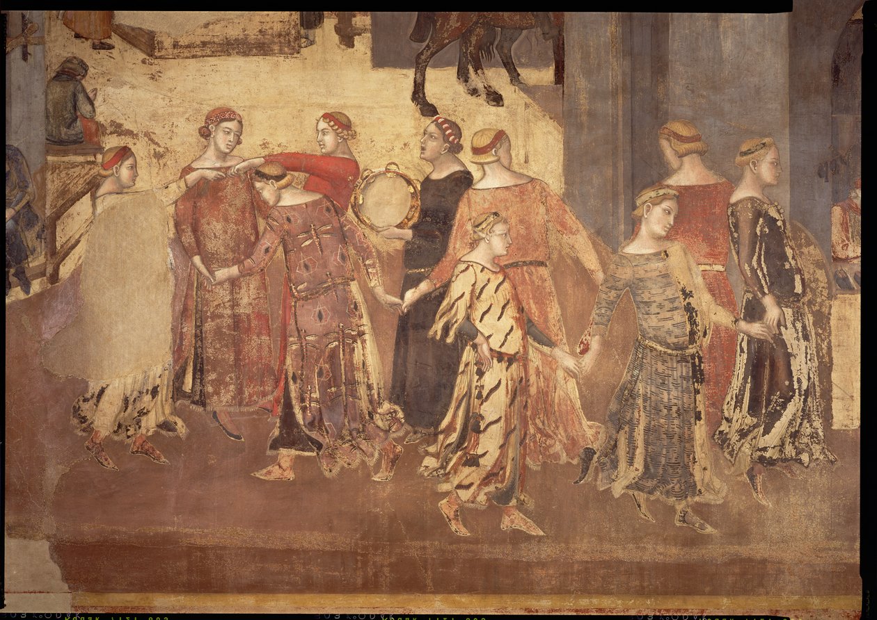 Hyvän hallinnon vaikutukset kaupungissa, yksityiskohta tanssijoista ja tamburiinin soittajista, 1338-40 tekijältä Ambrogio Lorenzetti