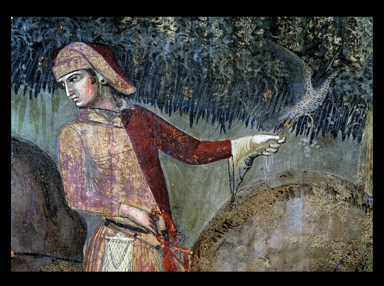 Hyvän hallinnon vaikutukset maaseudulla, haukkametsästäjän yksityiskohta, 1388-40 tekijältä Ambrogio Lorenzetti