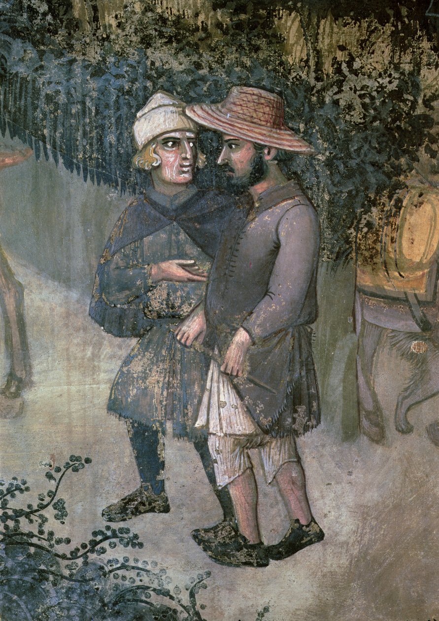 Hyvän hallinnon vaikutukset maaseudulla, yksityiskohta kahdesta miehestä kävelemässä ja puhumassa tekijältä Ambrogio Lorenzetti