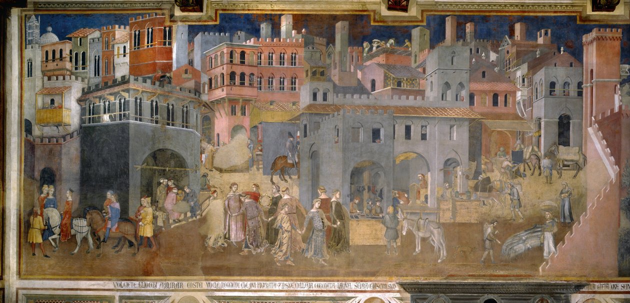 Hyvän hallinnon vaikutukset kaupungissa Freskojen kierto Hyvän ja huonon hallituksen allegoria, 1338-1339 tekijältä Ambrogio Lorenzetti