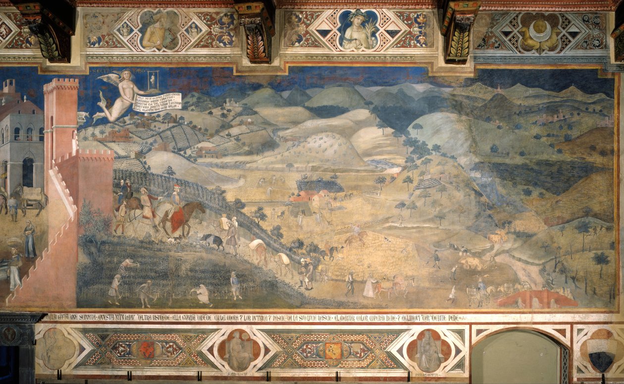 Hyvän hallinnon vaikutukset maaseudulla Freskojen kierto Hyvän ja huonon hallituksen allegoria, 1338-1339 tekijältä Ambrogio Lorenzetti