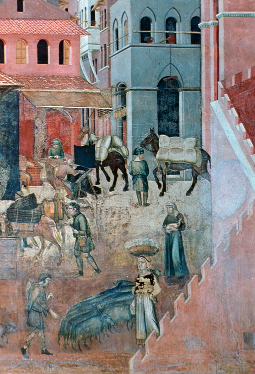 Hyvän hallinnon vaikutukset kaupungin elämään, yksityiskohta, 1338-1340 tekijältä Ambrogio Lorenzetti