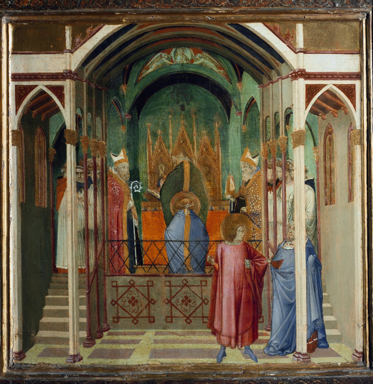 Nikolauksen valinta Myran piispaksi. Kohtauksia Pyhän Nikolauksen elämästä (Tempera puulla tekijältä Ambrogio Lorenzetti