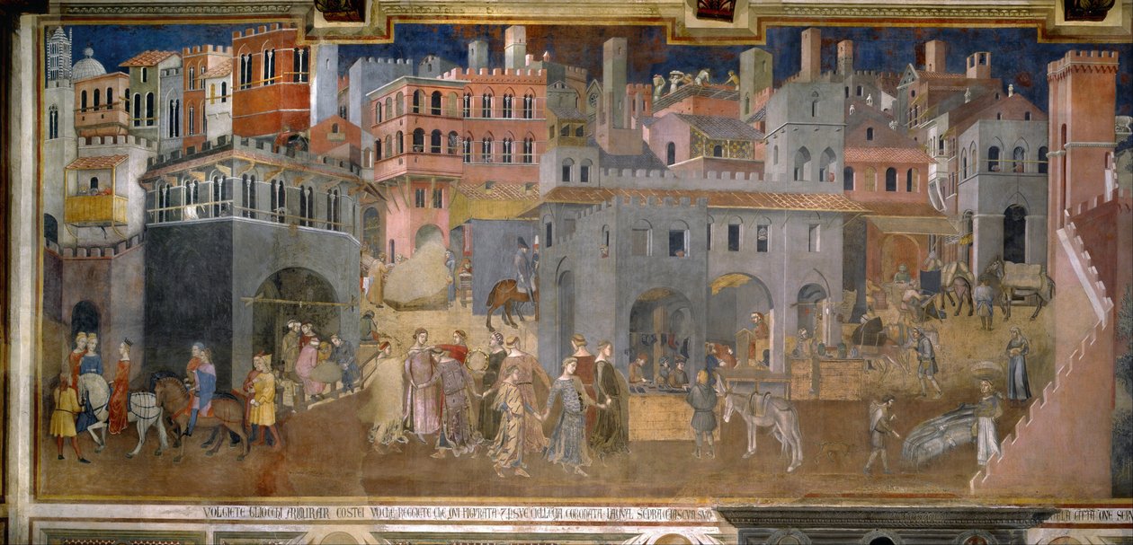 "Hyvän ja huonon hallituksen vaikutukset kaupungissa ja maalla". Yksityiskohdat kaupungista. Ambrogio Lorenzettin fresko (1290-1348) tekijältä Ambrogio Lorenzetti