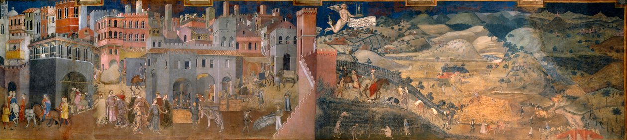 Hyvän ja huonon hallituksen vaikutukset kaupungissa ja maalla. Yksityiskohta hyvän hallinnon vaikutuksista kaupungissa ja maalla. tekijältä Ambrogio Lorenzetti