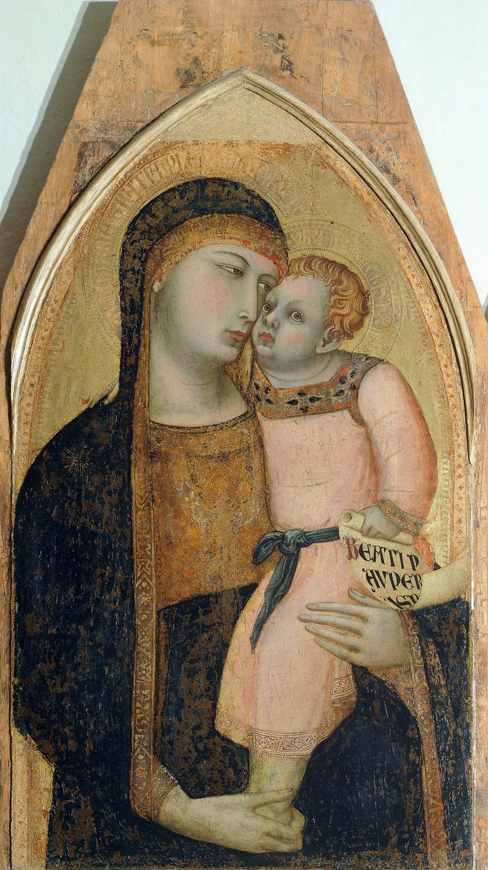Madonna ja lapsi, yksityiskohta Triptyykistä, joka kuvaa Ambrogio Lorenzettin (1290-n. 1348) Madonnaa ja lasta Maria Magdaleenan ja Pyhän Dorothean kanssa, öljy puulle tekijältä Ambrogio Lorenzetti