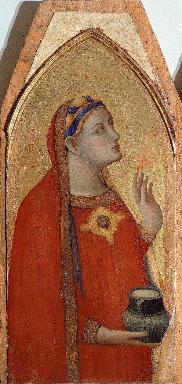 Maria Magdaleena, yksityiskohta Triptyykistä, joka kuvaa Ambrogio Lorenzettin (1290-n. 1348) Madonnaa ja lasta Maria Magdaleenan ja Pyhän Dorothean kanssa, öljy puulle tekijältä Ambrogio Lorenzetti