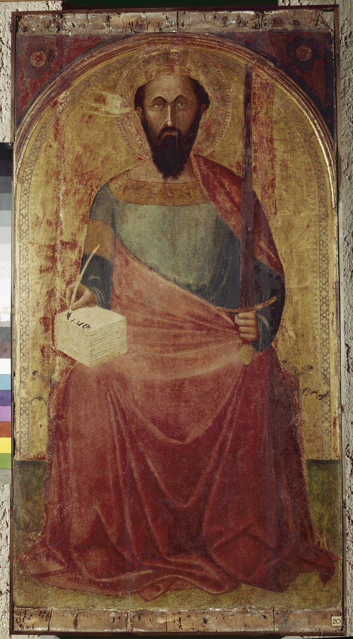 Pyhä Paavali. Ambrogio Lorenzettin (1290-1348) maalaus. Maalaus puulle. Roccalbegna (Grosseto), pyhien Pietarin ja Paavalin kirkko tekijältä Ambrogio Lorenzetti