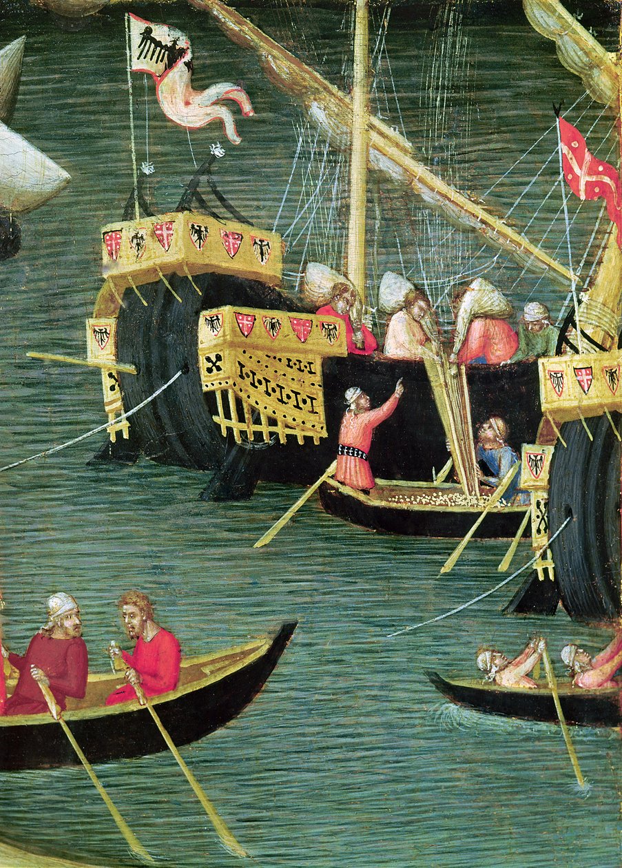Pyhä Nikolaus pelastaa Miran nälänhädältä, yksityiskohta laivasta, n. 1327-32 (tempera paneelissa) tekijältä Ambrogio Lorenzetti