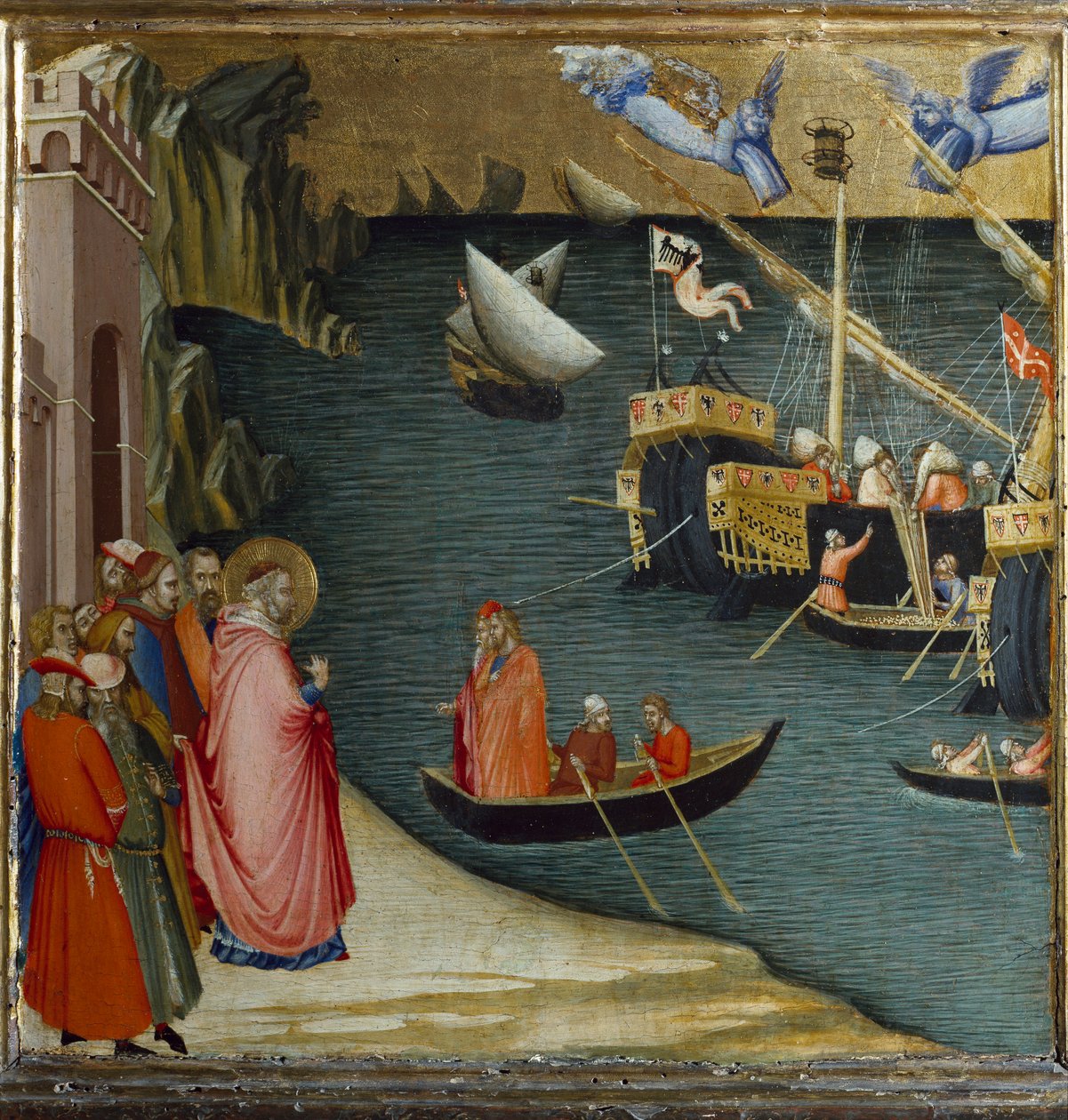 Myran piispa Pyhä Nikolaus pelastaa vehnälastia kuljettavan laivan myrskyltä. Kohtauksia Pyhän Nikolauksen elämästä (Tempera paneelissa tekijältä Ambrogio Lorenzetti