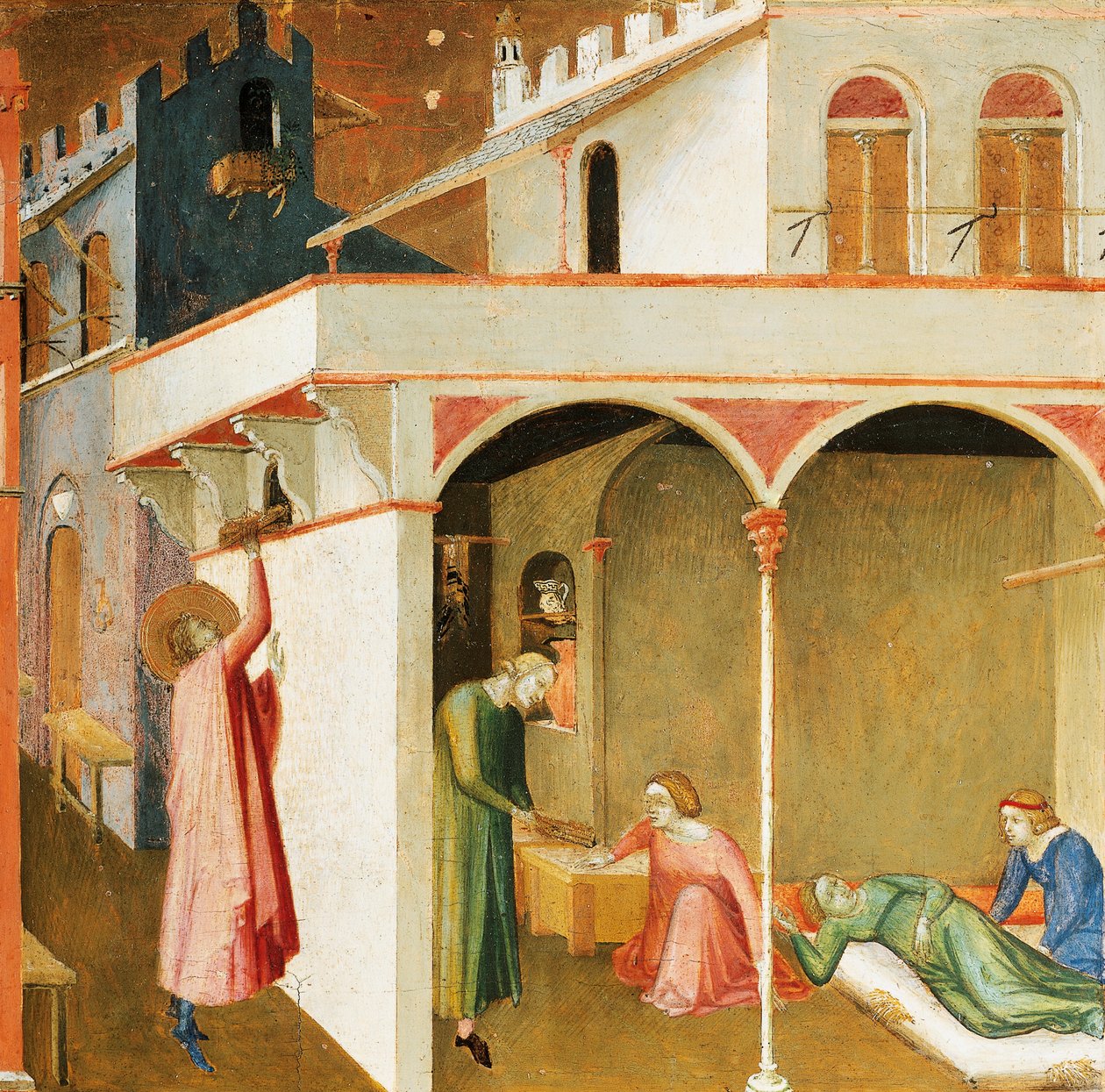 Pyhä Nikolaus tarjoaa kolmelle köyhälle tytölle myötäjäisen, yksityiskohta Ambrogio Lorenzettin (1290-noin 1348) Pyhän Nikolauksen Barilaisen ihmeistä, tempera puulla tekijältä Ambrogio Lorenzetti