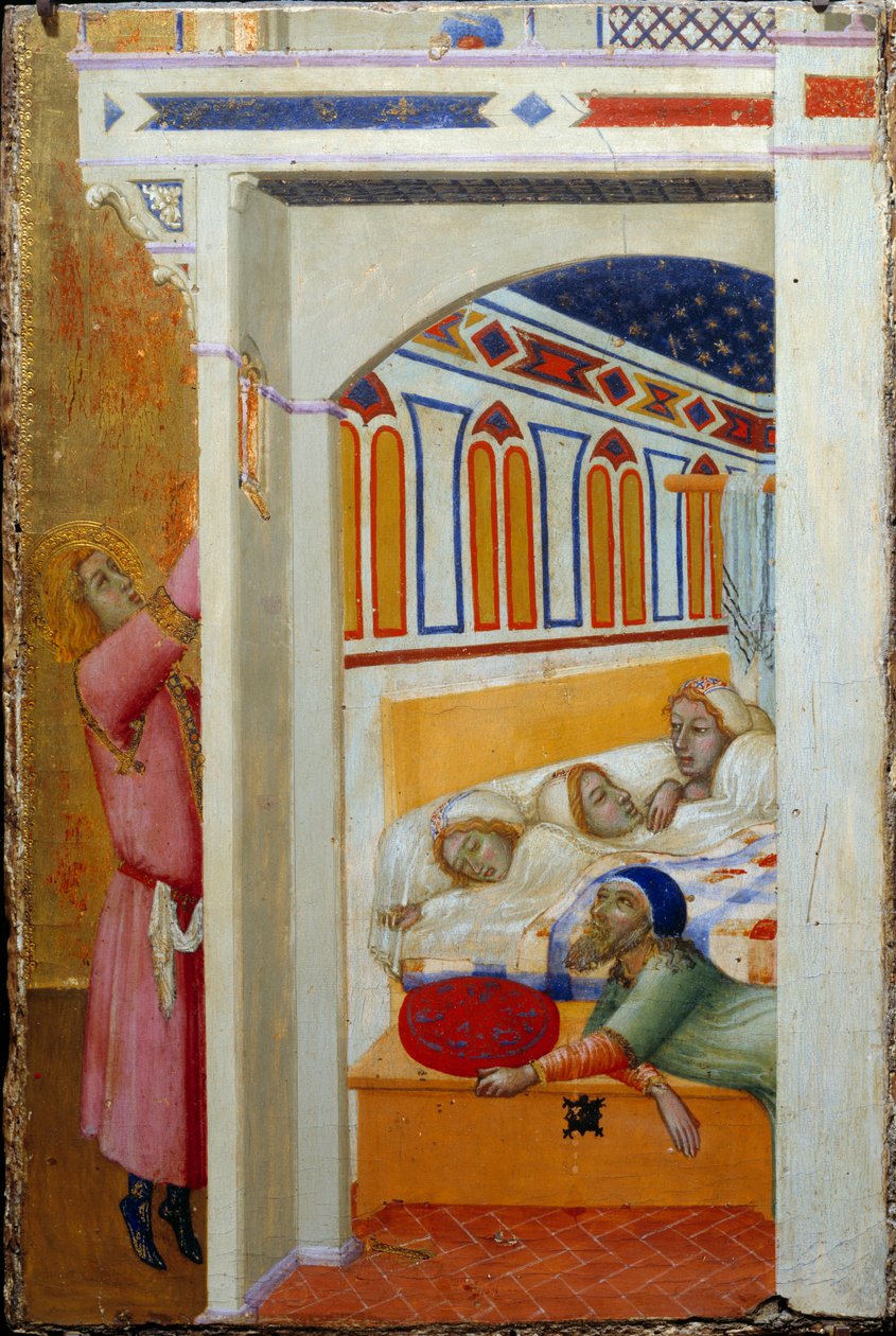 The Charity of St. Nicholas of Bari (tai St. Nicholas of Myra, 270-345). Saatuaan tietää, että isä ei voi tarjota avioliiton myötäjäisiä kolmelle nuorelle tyttärelleen, Nicolas heittää rahaa ikkunan läpi yöllä. Ambrogio Lorenzettin maalaus (v 1290 - 1 tekijältä Ambrogio Lorenzetti