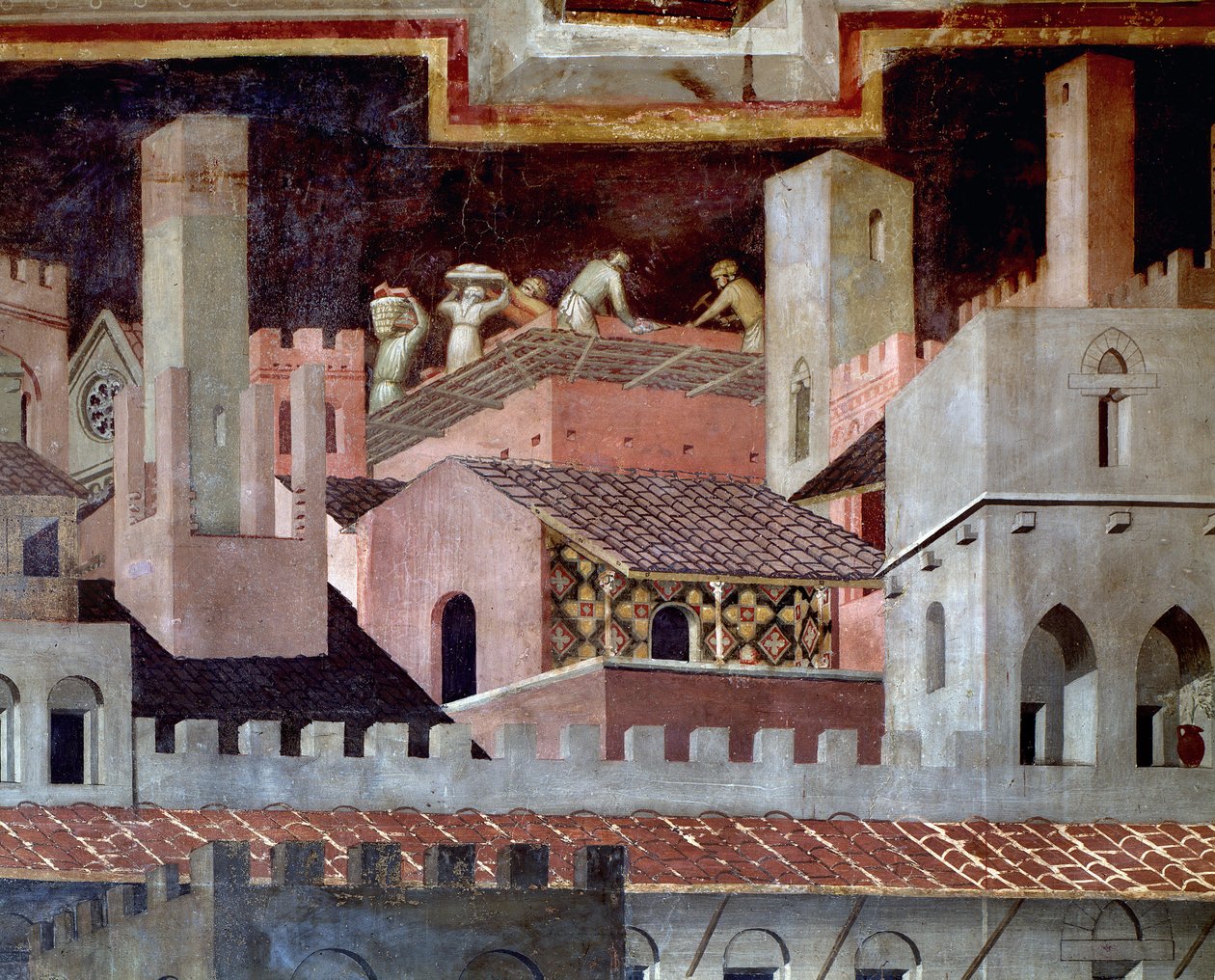 Hyvän ja huonon hallituksen vaikutukset kaupunkiin ja maahan. Yksityiskohta hyvän hallinnon vaikutuksista kaupungissa - 1338-1340, Fresco tekijältä Ambrogio Lorenzetti