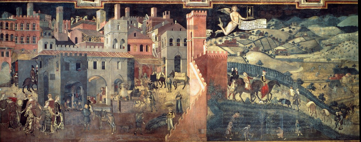 Hyvän ja huonon hallituksen vaikutukset kaupunkiin ja maahan. Yksityiskohta kaupungista. Ambrogio Lorenzettin fresko (1290-1348) tekijältä Ambrogio Lorenzetti