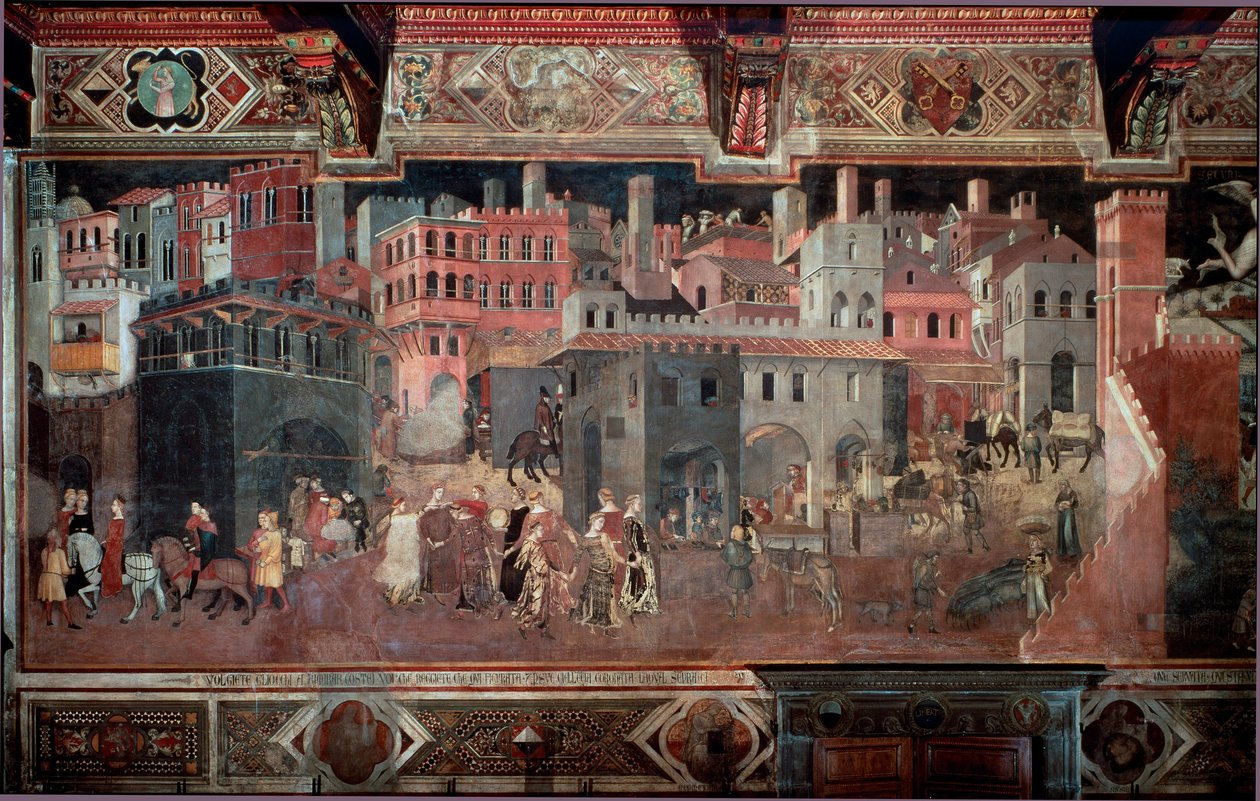 "Hyvän ja huonon hallituksen vaikutukset kaupunkiin ja maahan." Yksityiskohta kaupungista. Ambrogio Lorenzettin fresko (1290-1348) tekijältä Ambrogio Lorenzetti