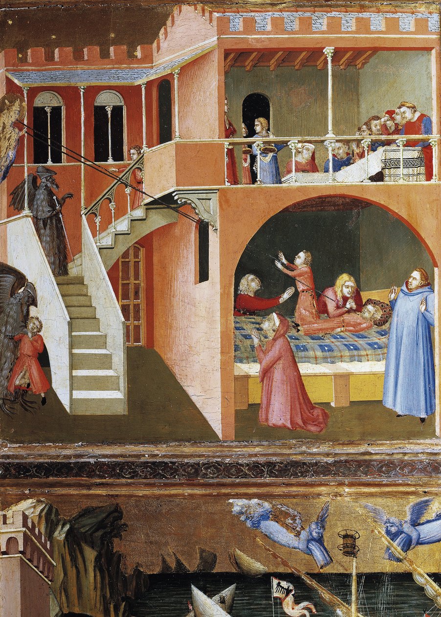 Kuolleen lapsen ylösnousemus. Kohtauksia Pyhän Nikolauksen elämästä (Tempera puulla tekijältä Ambrogio Lorenzetti