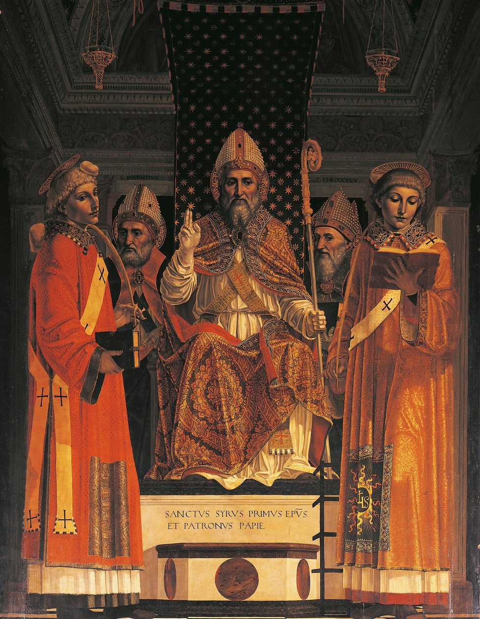 Italia, Lombardia, Pavia Charterhouse (Certosa), viides kappeli oikealla, alttaritaulu Saint Syrusin valtaistuimella Ambrogio da Fossano tunnetaan ("il Bergognone") tekijältä Ambrogio da Fossano (c.1460 1523)