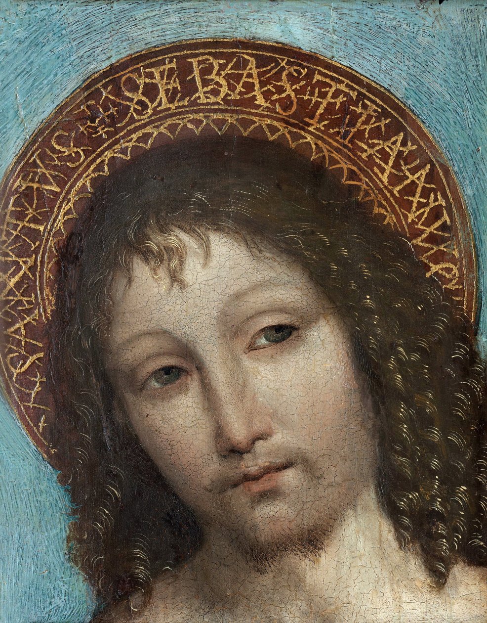Saint Sebastian - Ambrogio Stefani da Fossanon maalaus, dit il Bergognone tai Borgognone (Le Bouguignon) (1453-1523), öljy puulle (23x18 cm) - Saint Sebastian, Ambrogio Bergognonen öljy puulle, 1400-luvun loppu - 1500-luvun alku - Yksityinen kokoelma tekijältä Ambrogio da Fossano (c.1460 1523)