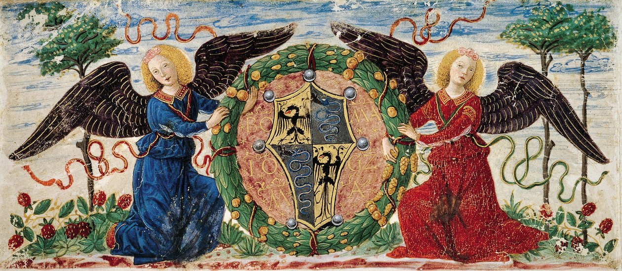 Enkelit pitelevät Sforzan vaakunaa, Burgundin minipergamenttia tekijältä Ambrogio da Fossano (c.1460 1523)