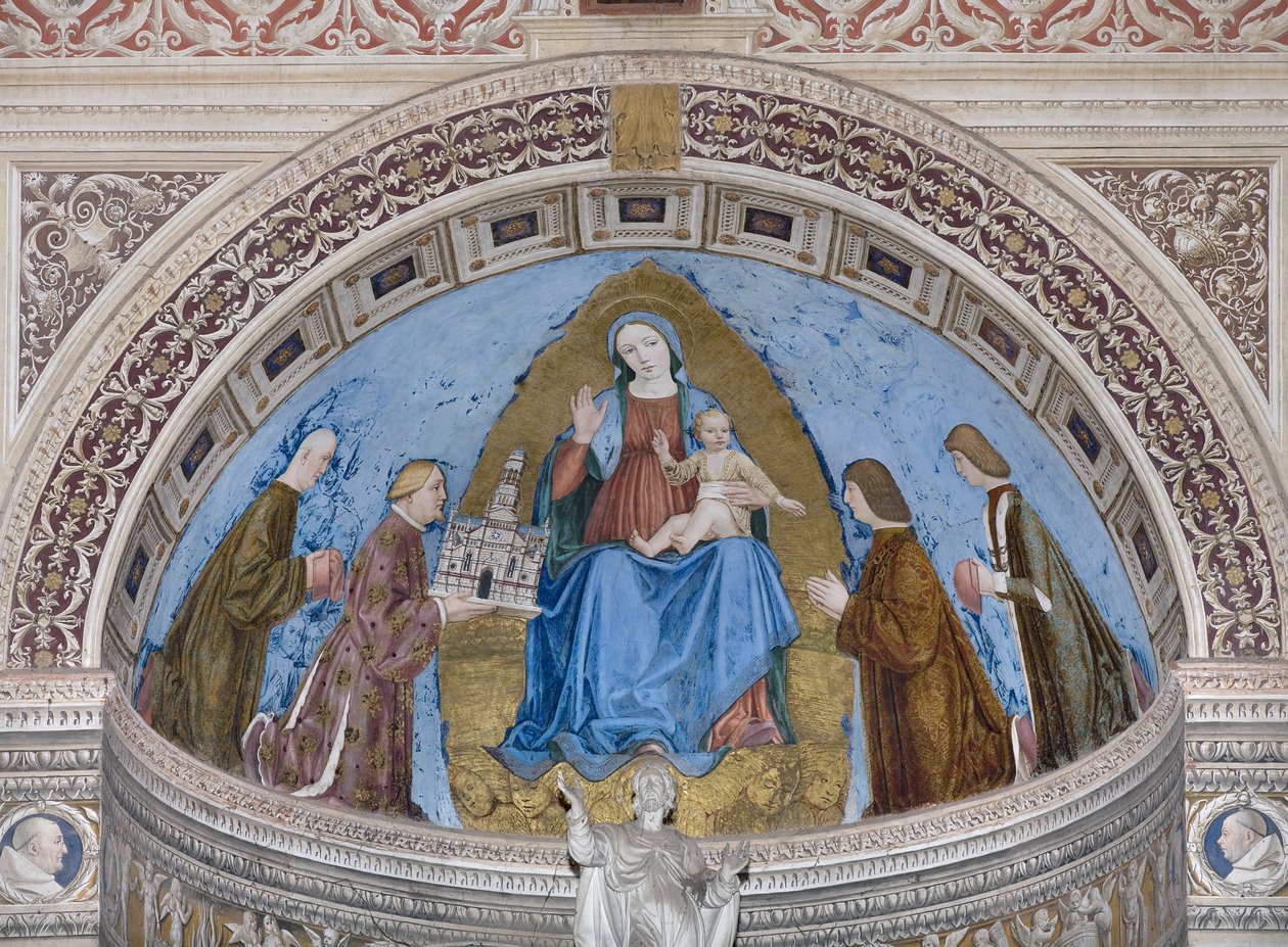 Gian Galeazzo Visconti ja hänen lapsensa Filippo Maria, Giovanni Maria ja Gabriele Maria esittämässä Certosa-mallin Neitsyt Marialle ja lapselle (fresko) tekijältä Ambrogio da Fossano (c.1460 1523)